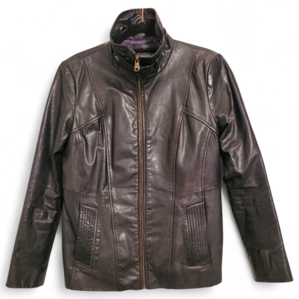 Andrew Marc Women's Large Black Leather Full Zip Jacket Contemporary Classic